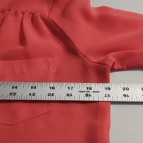 A. Byer Coral Sheer Tangerine 1/2 Button-Up Blouse 3/4 Roll tab Sleeves - Picture 7 of 11